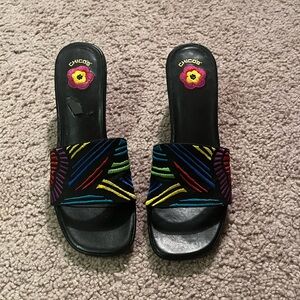 Chico's black and multi-coloured slide on heels